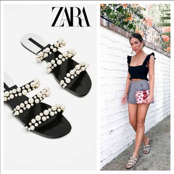 Zara black and pearl 3 strap flat sandal slides